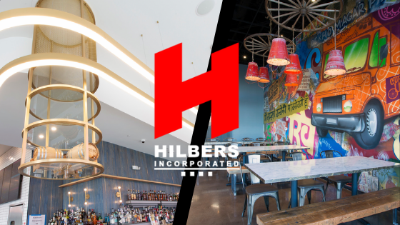 Two Hilbers built restaurant images side by side with the Hilbers Logo imposed over both in the center.