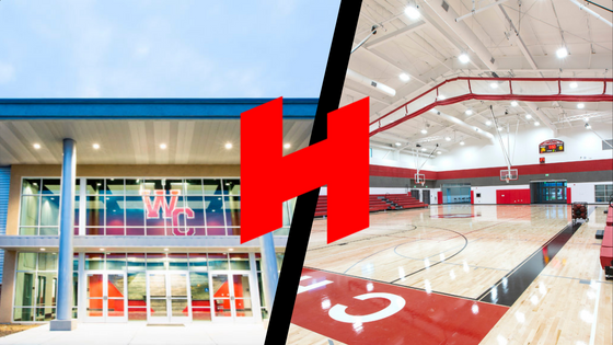 Two images side by side - one of Stone Ridge Christian Schools’ new performing arts center and the other the interior of Woodland Christian School’s new gym - with the Hilbers Logo imposed over both in the center.