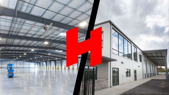 Two images side by side - one of the interiors of an Amazon facility in Stockton, CA, and the other the external view of A&E Arborists’ pre-engineered steel building - with the Hilbers Logo imposed over both in the center.