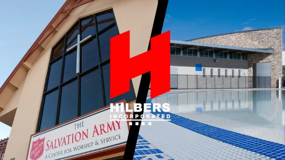 Two images side by side - one of a Salvation Army and the other a community pool - with the Hilbers Logo imposed over both in the center.
