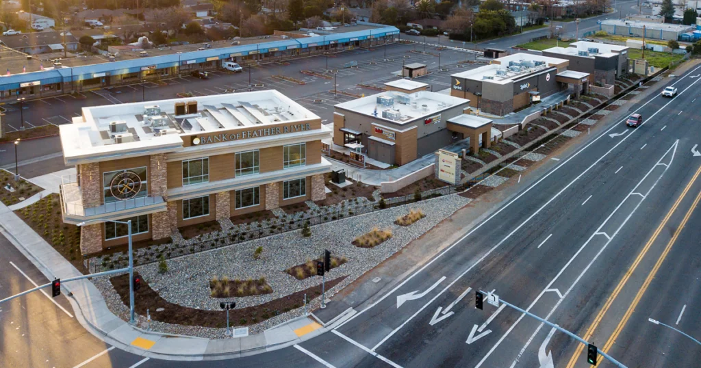 A beautiful shopping center, Carriage Square in Yuba City, California, built by Hilbers construction company.