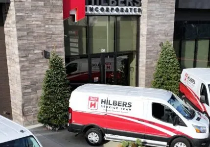 Hilbers' commercial maintenance team and service trucks prepared to provide commercial maintenance services across California.
