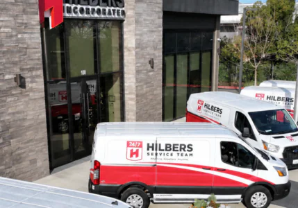 Hilbers Service Team vans parked outside the Hilbers Incorporated office in Yuba City, California.