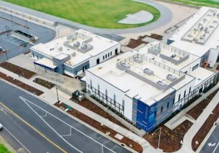 Aerial view of a school on the corner of two roads. Behind the school is a track and green fields.