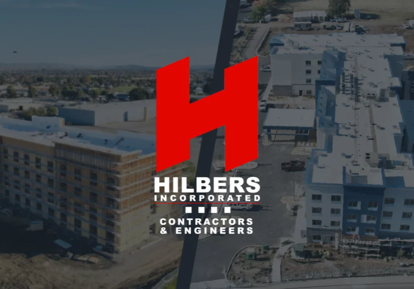 Two Hilbers-built hotel images side by side with the Hilbers Logo imposed over both in the center.