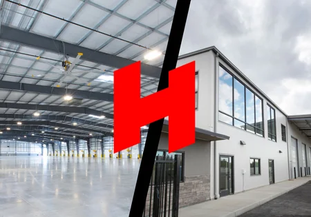 Two images side by side - one of the interiors of an Amazon facility in Stockton, CA, and the other the external view of A&E Arborists’ pre-engineered steel building - with the Hilbers Logo imposed over both in the center.