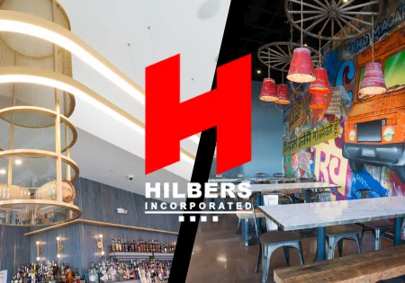 Two Hilbers built restaurant images side by side with the Hilbers Logo imposed over both in the center.
